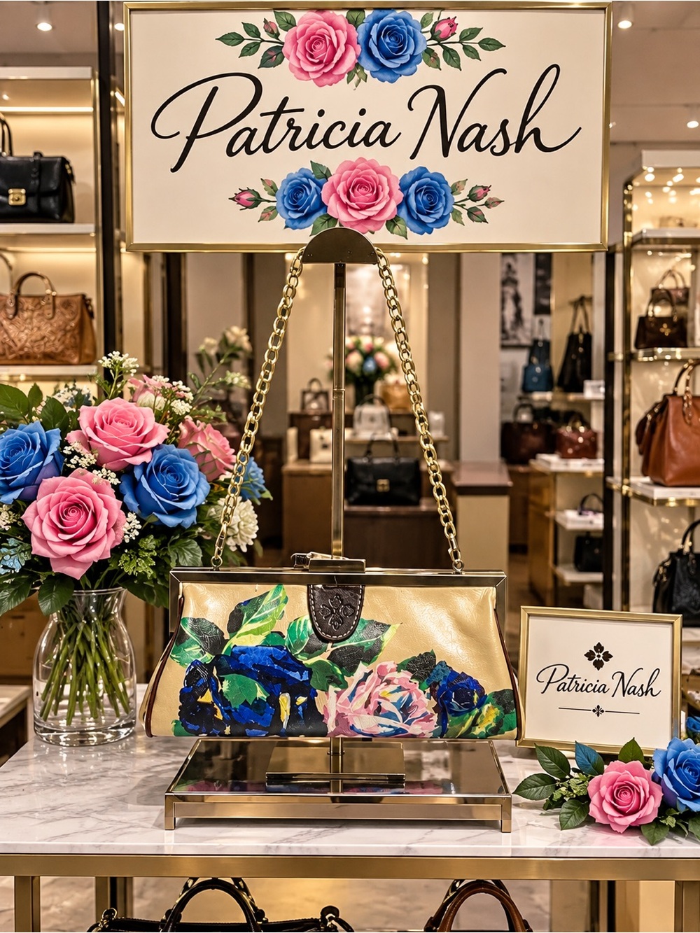Patricia Nash Gold Floral Leather Frame Clutch with Blue and Pink Roses